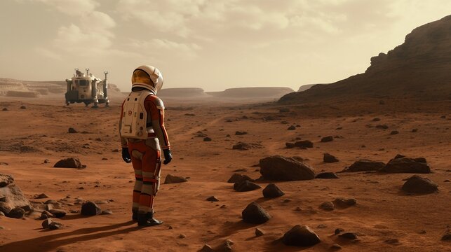 Astronaut on mars looking toward cliff with mars rover in background. Generative AI