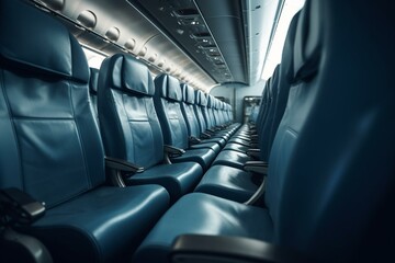 Empty blue seats in airplane interior. Generative AI