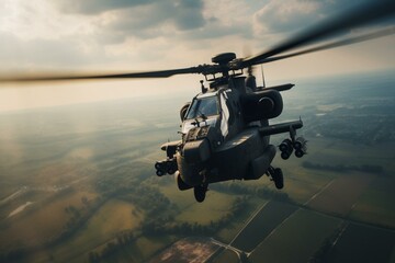A close-up of a British Army attack helicopter in flight on a military exercise in Wiltshire, UK. Generative AI