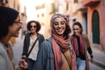Not real Persons. Young adult arab woman with headscarf hijab strolling in a narrow side street with friends, fictional place. Generative AI - obrazy, fototapety, plakaty