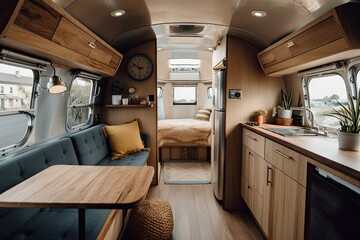Modern caravans, trailers, and campers feature stylish and functional interior designs with a range of amenities for a comfortable mobile living experience. Generative AI - obrazy, fototapety, plakaty
