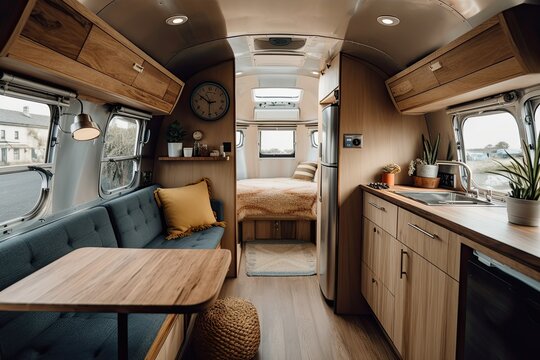 Modern caravans, trailers, and campers feature stylish and functional interior designs with a range of amenities for a comfortable mobile living experience. Generative AI