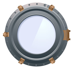 Round metal window. Spaceship porthole. Submarine glass