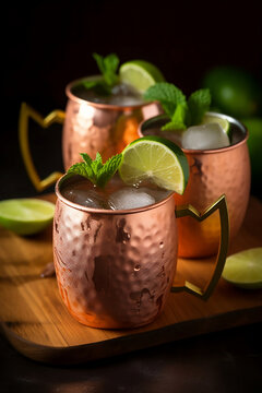 Moscow Mule cocktail with lime and mint in copper mug on a table, black background. Refreshing drink close-up. Summer beverage with ice. Image is AI generated.