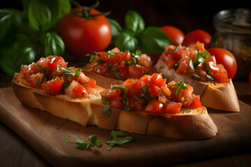 Bruschetta, with its mix of fresh tomatoes, basil, and garlic, served on a crispy slice of bread