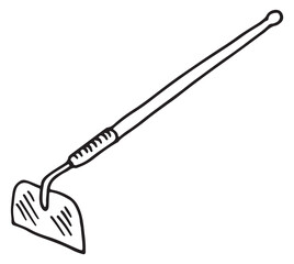 Hoe ink drawing. Farming tool sketch. Gardening icon