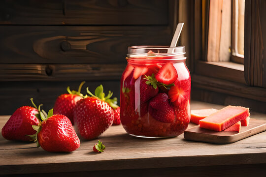 A jar of strawberries sits on a wooden table 