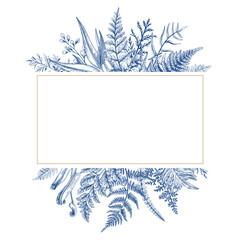 Banner with herbs, leaves and ferns. Frame with a leafy bouquet.  Blue and golden. Floral design elements. Art line style.