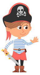 Girl in pirate costume. Happy party kid with toy sword