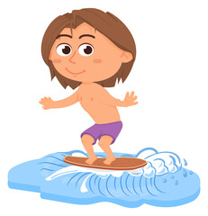 Kid stand on surfboard. Happy cartoon child in summer