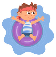 Kid laying on swimming ring. Cartoon happy boy top view