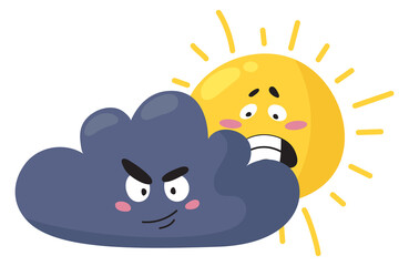 Cloud with evil green face hiding scared sun. Weather emoji