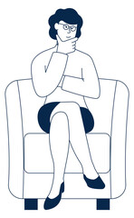 Young woman in glasses sit on armchair and thinking