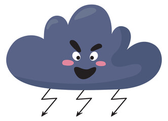 Angry dark cloud with thunder sign. Weather emoji