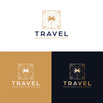 Travel vector logo design. Palm tree and ocean logotype. Modern tropical logo template.