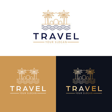 Travel vector logo design. Villa with palms and ocean logotype. Tropical logo template.