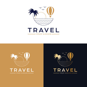 Travel vector icon design. Hot air balloon, waves and palm logotype. Tropical logo template.