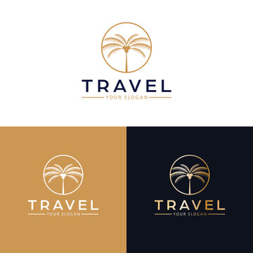 Travel vector logo design. Palm tree in circle logotype. Tropical logo template.