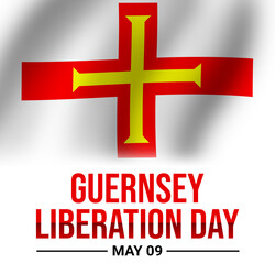 Fototapeta premium Guernsey liberation day wallpaper with waving flag and typography. Liberation Day of Guernsey, backdrop design