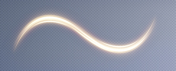 Golden glowing swirl. Light speed motion effect. Light trail. Shiny wavy path. Vector.