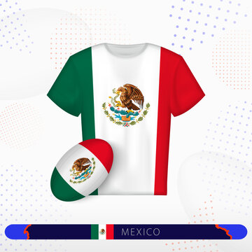 Mexico rugby jersey with rugby ball of Mexico on abstract sport background.
