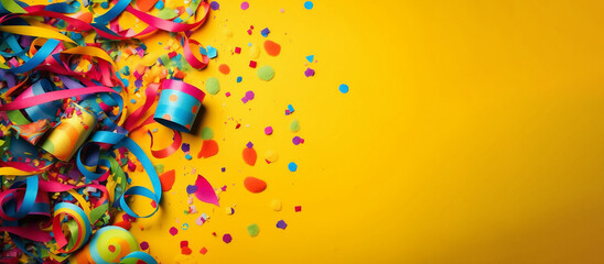 Fototapeta premium party streamers and confetti on yellow background