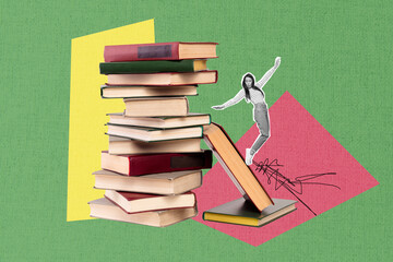 Photo artwork collage reading lifestyle concept young student girl stand on book pile stack prepare...