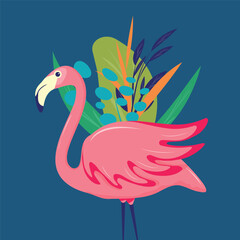 Flamingo bird with leaves and tropical plants