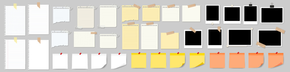 Paper notes, notebook pages, stickers and photo card frame. Paper notes and Retro vintage photograph with transparent adhesive tape and paper clip. Vector EPS 10