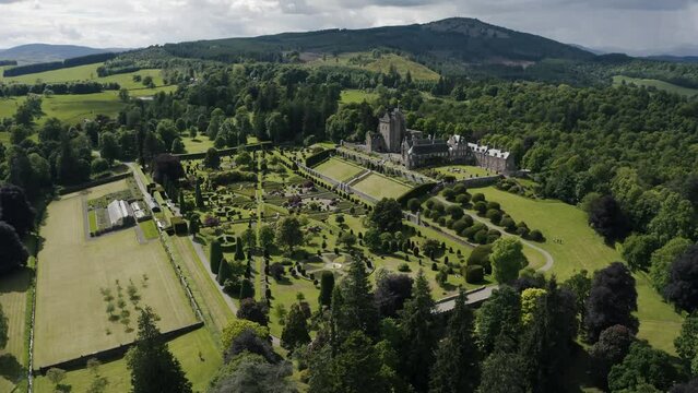 Aerial view of the extensive estate of the Drummond Castle in Scotland.