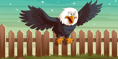 Cute Cartoon Style Bald Eagle Jumping Over A Wooden Fence Generative Ai Digital Illustration Part#260423