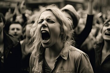 A woman screams in the crowd, her expression conveying intense emotion and urgency. Generative AI - obrazy, fototapety, plakaty