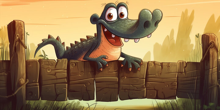 Cute Cartoon Style Caiman Jumping Over A Wooden Fence Generative Ai Digital Illustration Part#260423