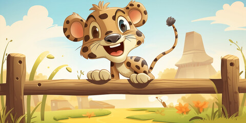 Cute Cartoon Style Cheetah Jumping Over A Wooden Fence Generative Ai Digital Illustration Part#260423