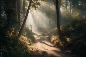 Misty forest trail with sunbeams. Generative AI