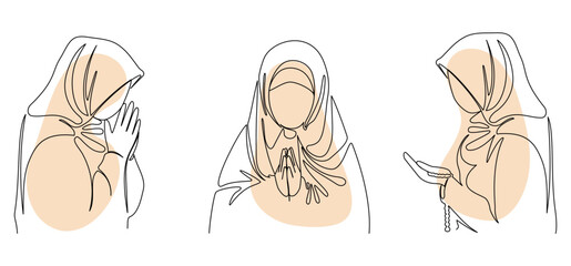 Muslim arab woman praying. A girl in a scarf, praying. Logo one line womens hijab scarf. Hijab vector illustration set.