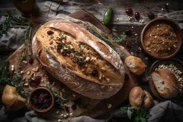 Mediterranean loaf with olives, sundried tomato, nuts, thyme, onions, herbs & crisp bread on white. Top view. Generative AI - obrazy, fototapety, plakaty