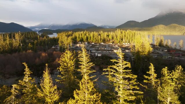 Coastal First Nations village and community on the West Coast of British Columbia Canada. Indigenous reservation in BC on the coast by the ocean and forest.