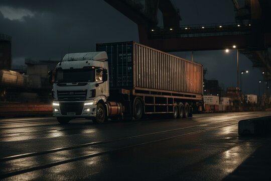 A shipping truck in a port terminal with container yard. Generative AI