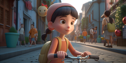 a very cute girl, 16 years old, Cycling, in beautiful street, at sunny day, 3d art, clay material, popmart blind box, Pixar trend, animation lighting, depth of field, Generative AI