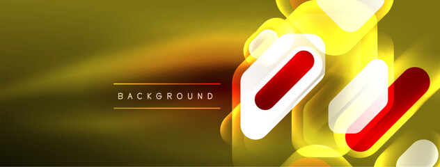 Neon lines, squares and round shapes abstract background. Techno glowing neon hexagon shapes vector illustration for wallpaper, banner, background, landing page, wall art, invitation, prints, posters