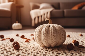 Obraz na płótnie Canvas cozy fall decor with a white knitted pumpkin on a rug. Generative AI