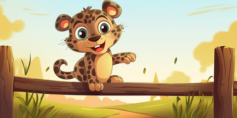 Cute Cartoon Style Leopard Jumping Over A Wooden Fence Generative Ai Digital Illustration Part#260423