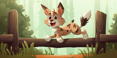 Cute Cartoon Style Lynx Jumping Over A Wooden Fence Generative Ai Digital Illustration Part#260423