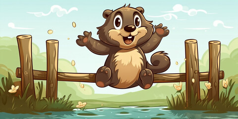 Cute Cartoon Style Otter Jumping Over A Wooden Fence Generative Ai Digital Illustration Part#260423
