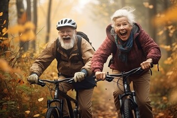 Fototapeta na wymiar A joyful elderly couple rides mountain bikes in the mountains, embracing an active and happy old age. Generative AI