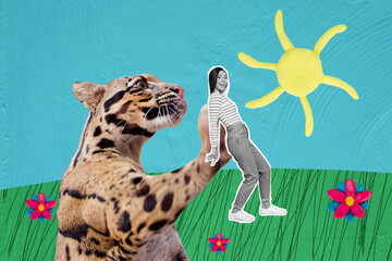 Creative artwork poster collage of funny young lady playing with her pet big cheetah outside summer...