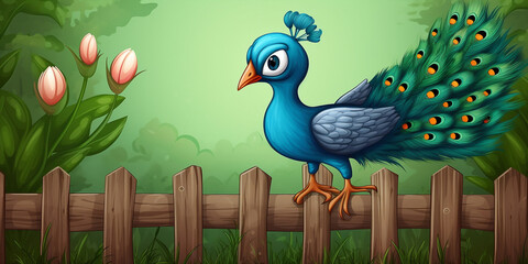 Cute Cartoon Style Peacock Jumping Over A Wooden Fence Generative Ai Digital Illustration Part#260423