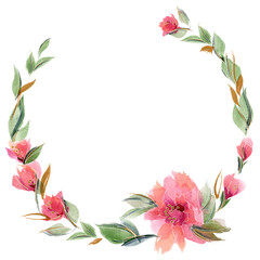 Obraz na płótnie Canvas Pink floral wreath with delicate fragrant rose flowers. Summer mood with nature ditsy decor