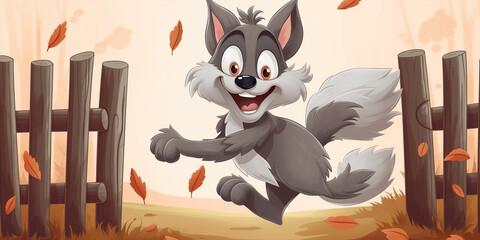 Cute Cartoon Style Wolf Jumping Over A Wooden Fence Generative Ai Digital Illustration Part#260423